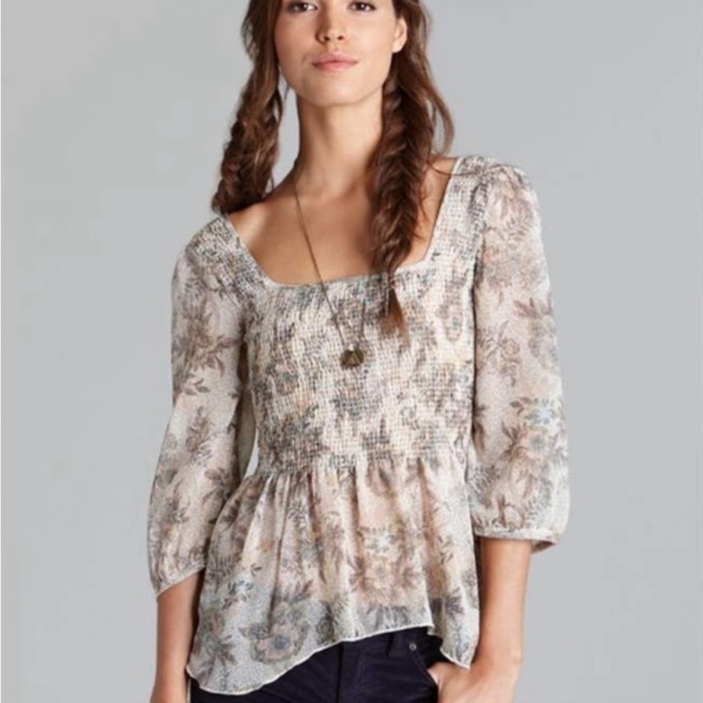 Free People Smocked Floral Blouse – Neutral Multi | Size XS | Good